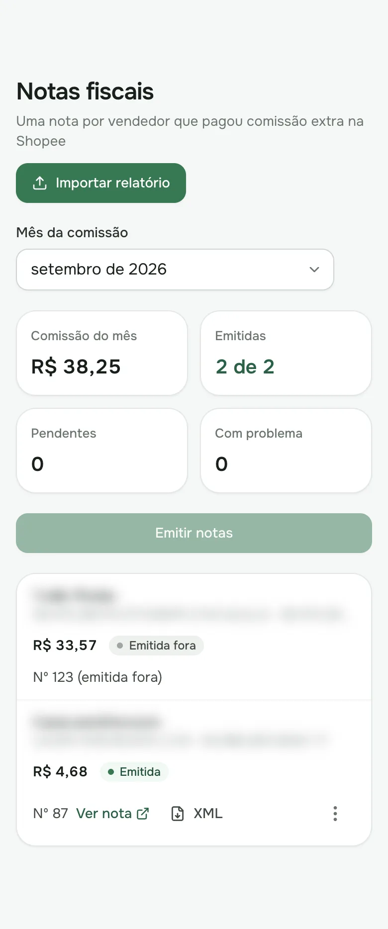 Tela de Notas fiscais do Replicazap: comissão do mês, 2 de 2 notas emitidas e a nota Nº 87 com os botões Ver nota e XML